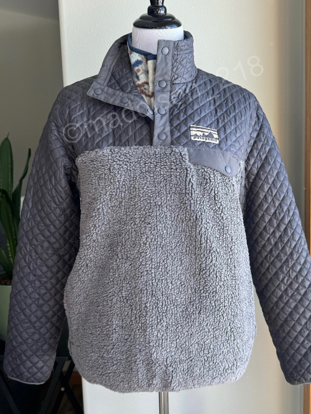 Patagonia Mixed Media Snap-T Pullover Medium Forge Grey Sherpa Quilted Jacket M